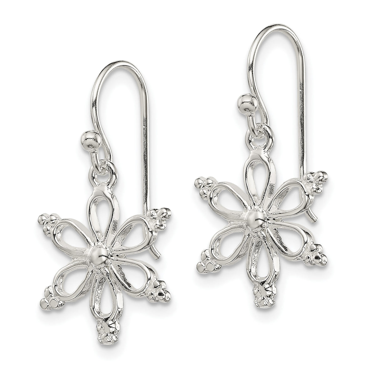 Sterling Silver Dangle Earrings with Openwork Flower and Beaded Accents