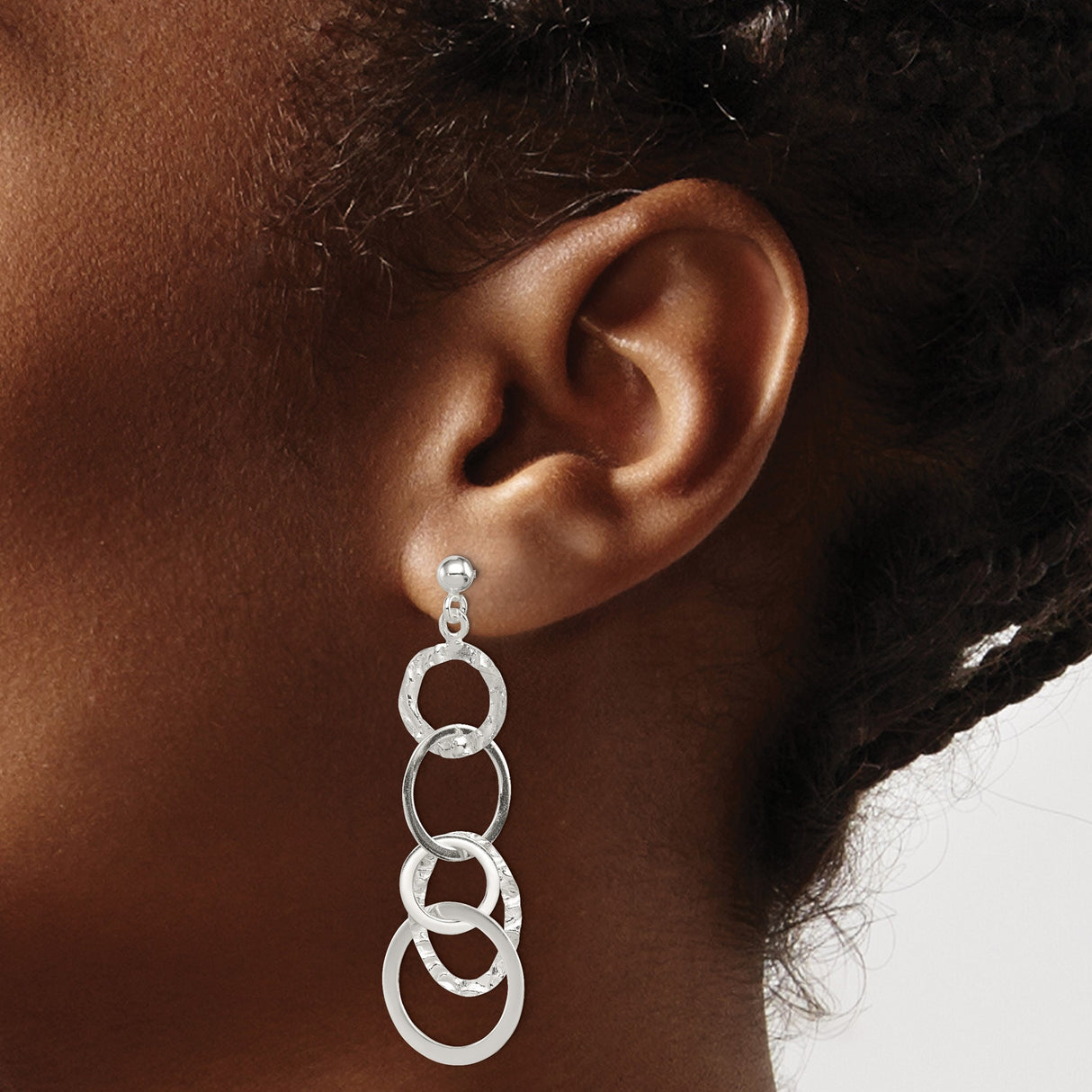Sterling Silver Dangle Earrings with Interlocking Open Circles, Textured and Polished Finish