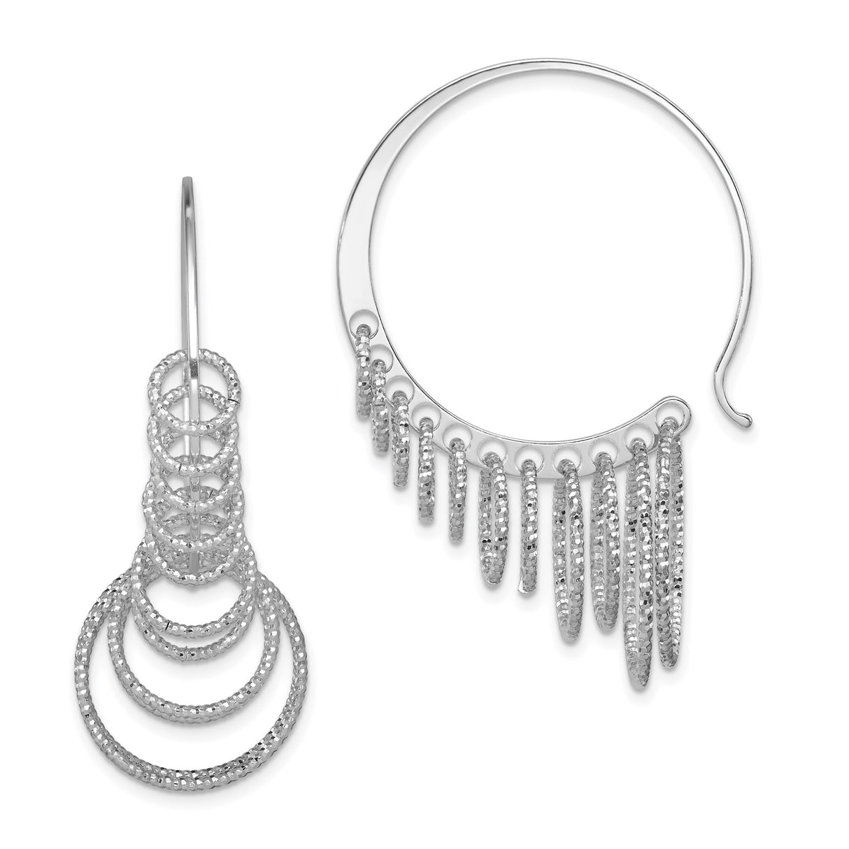 Sterling Silver Dangle Hoop Earrings with Hammered Multi-Circle Fringe Design
