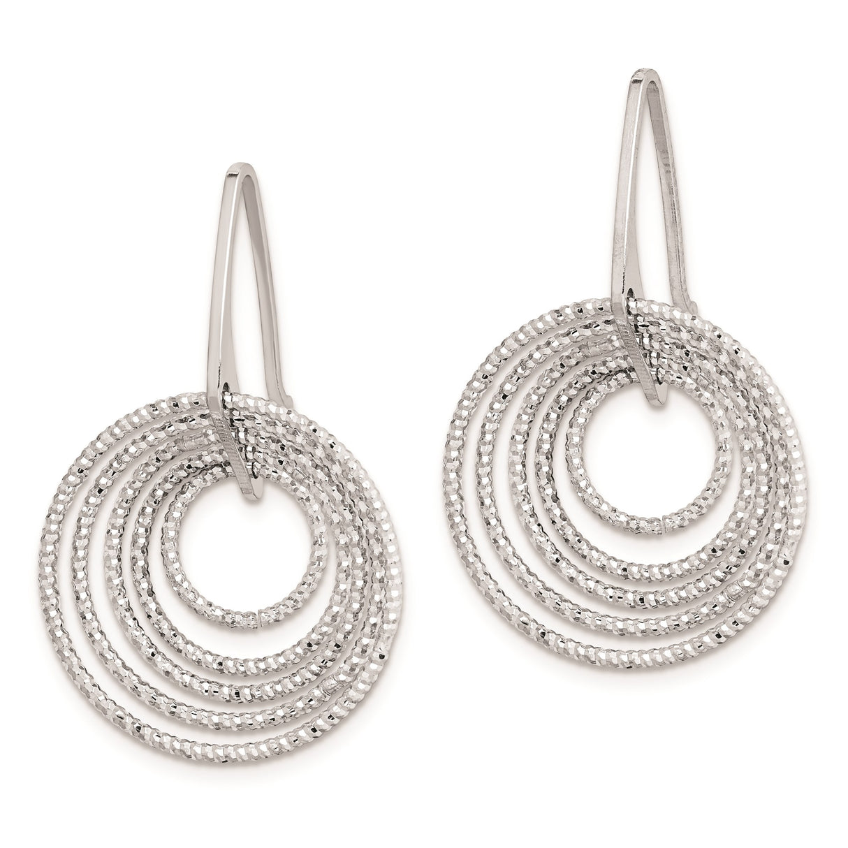 Sterling Silver Dangle Hoop Earrings with Textured Concentric Hoops, Lightweight Drop Style