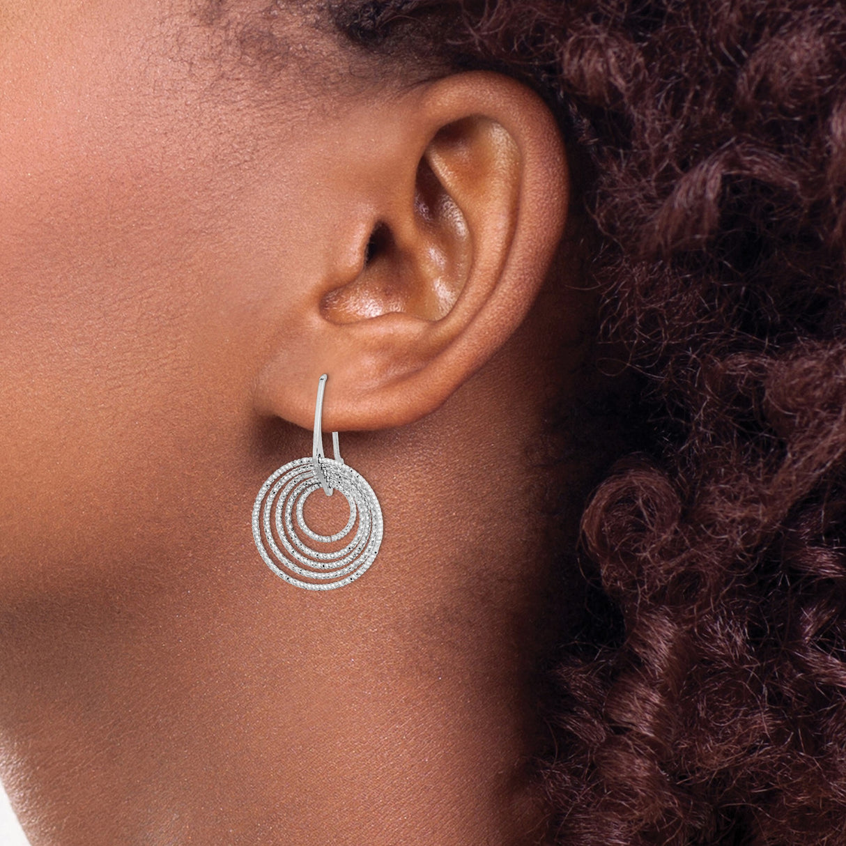 Sterling Silver Dangle Hoop Earrings with Textured Concentric Hoops, Lightweight Drop Style