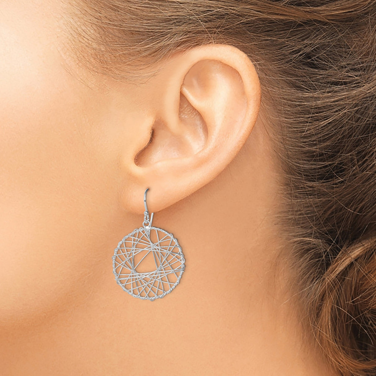 Sterling Silver Dangle Earrings, Abstract Wire Wrapped Circle Hoop Design for Women