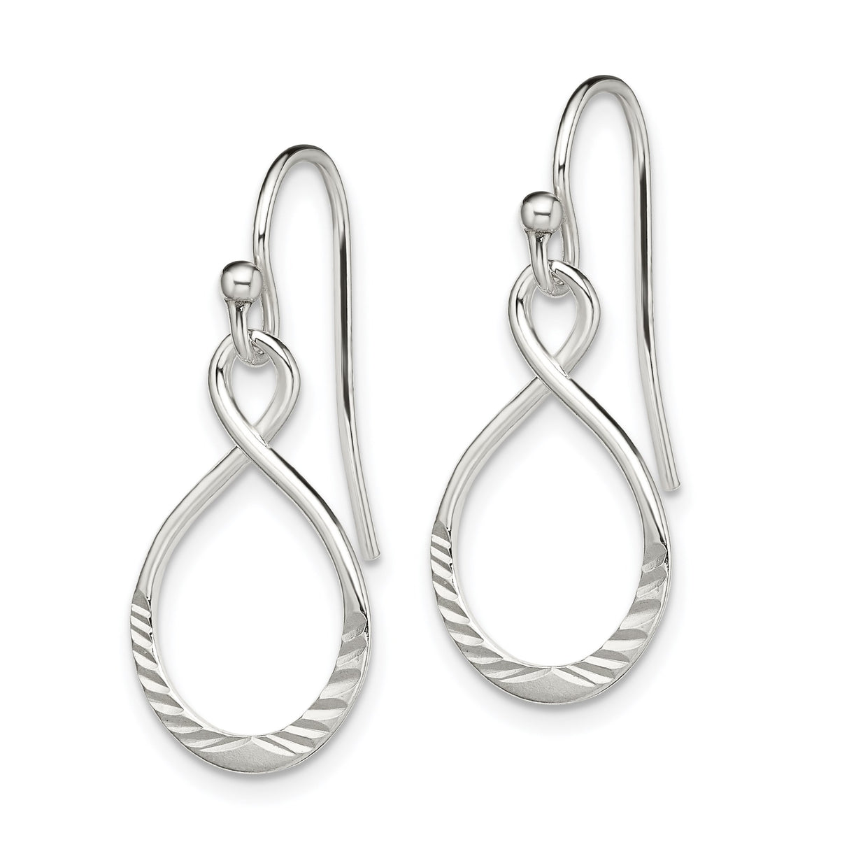 Sterling Silver Infinity Drop Earrings with Open Teardrop Loops and Etched Accents