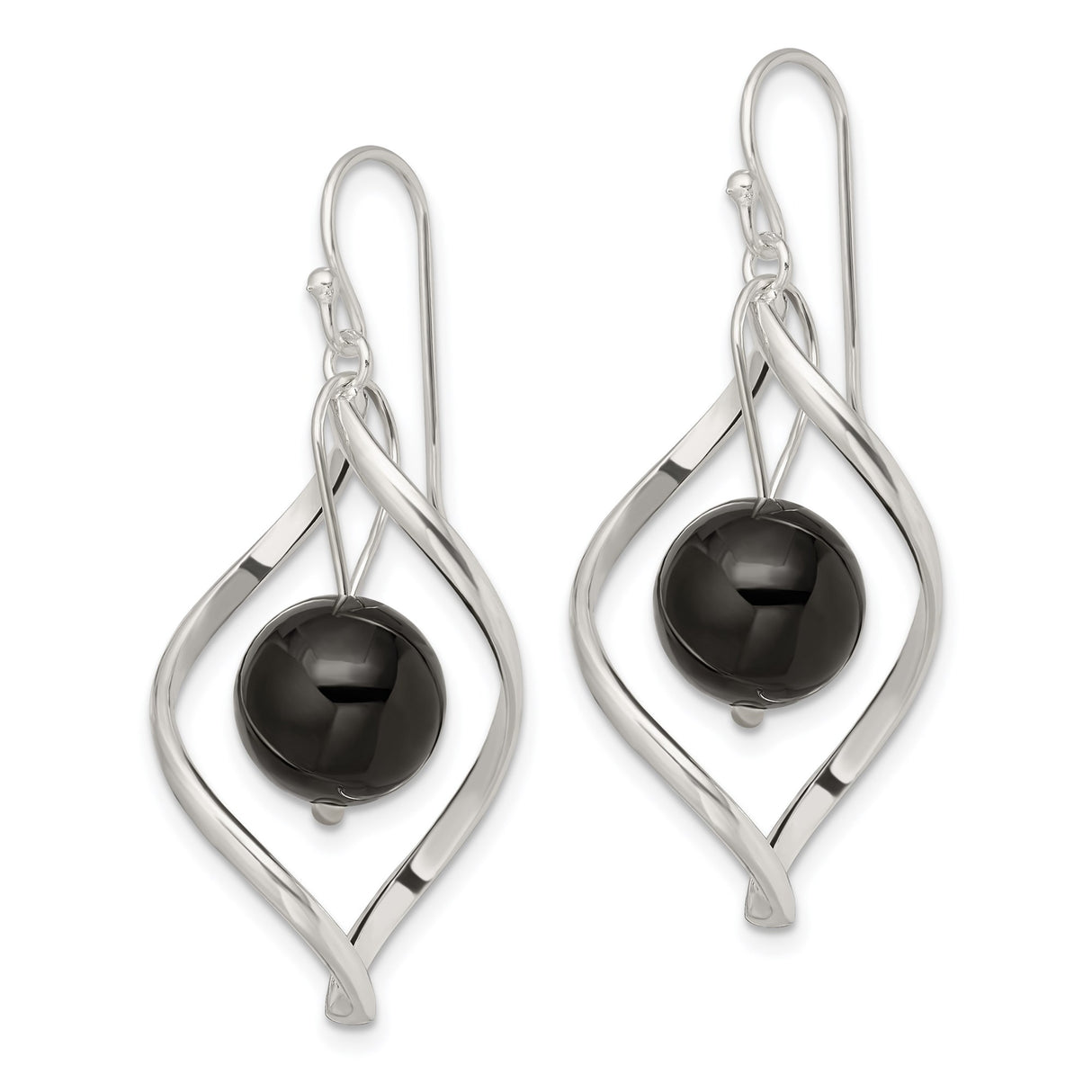Sterling Silver Dangle Earrings with Black Onyx Beads, Twist Design and Open Frame Orb