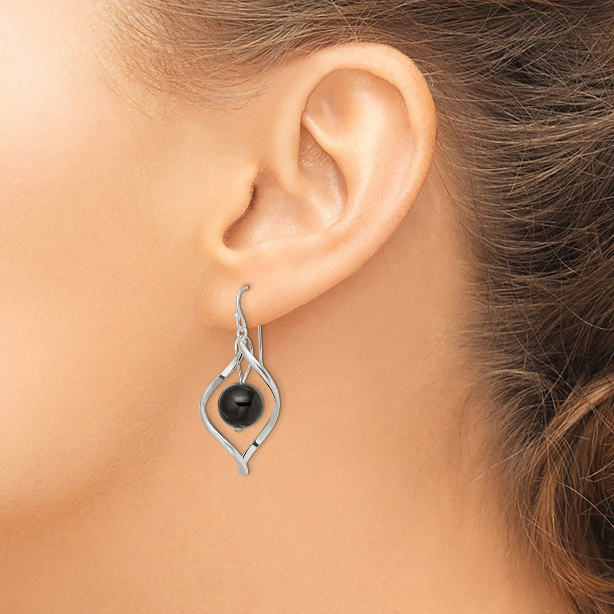 Sterling Silver Dangle Earrings with Black Onyx Beads, Twist Design and Open Frame Orb