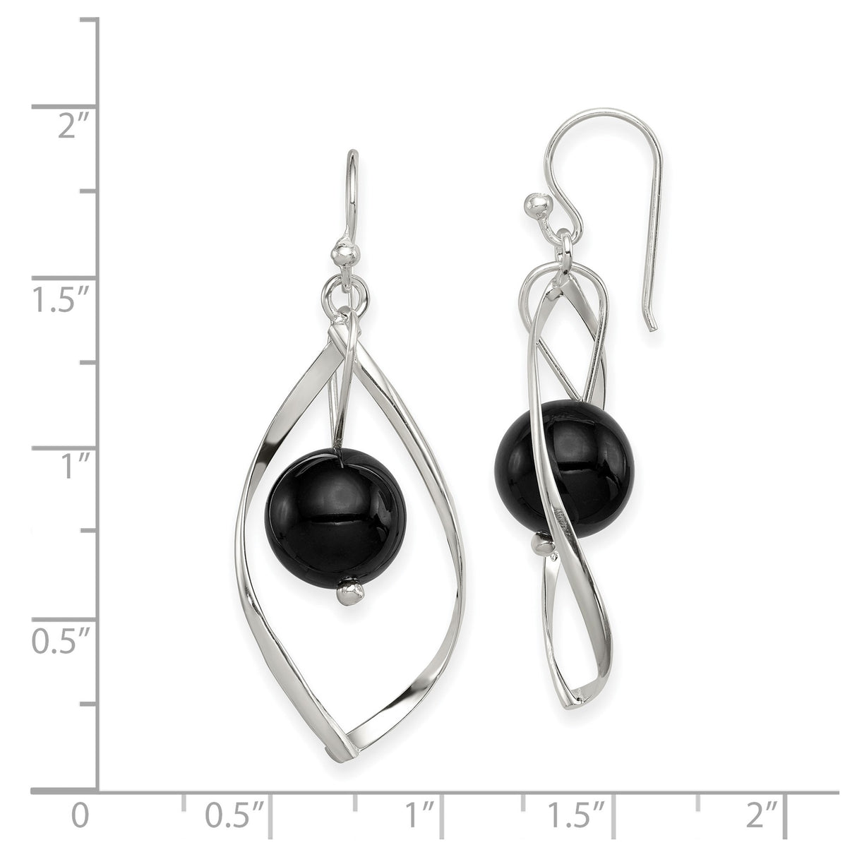 Sterling Silver Dangle Earrings with Black Onyx Beads, Twist Design and Open Frame Orb