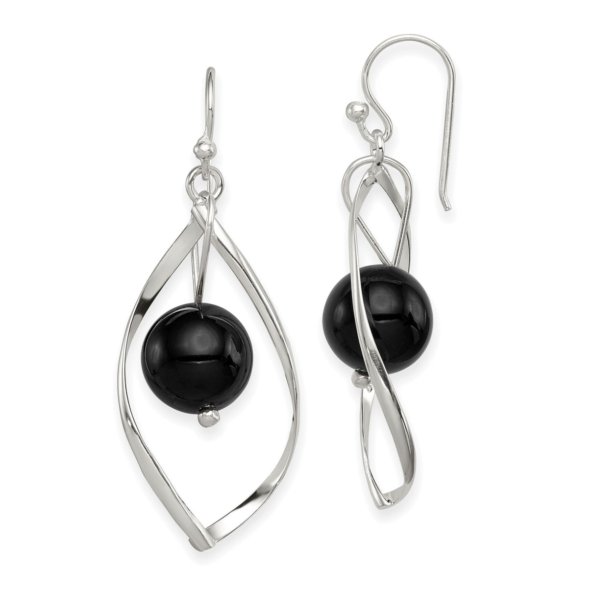 Sterling Silver Dangle Earrings with Black Onyx Beads, Twist Design and Open Frame Orb