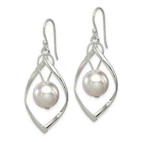 Sterling Silver Dangle Earrings with Simulated Pearls, Twisted Marquise Frame Design