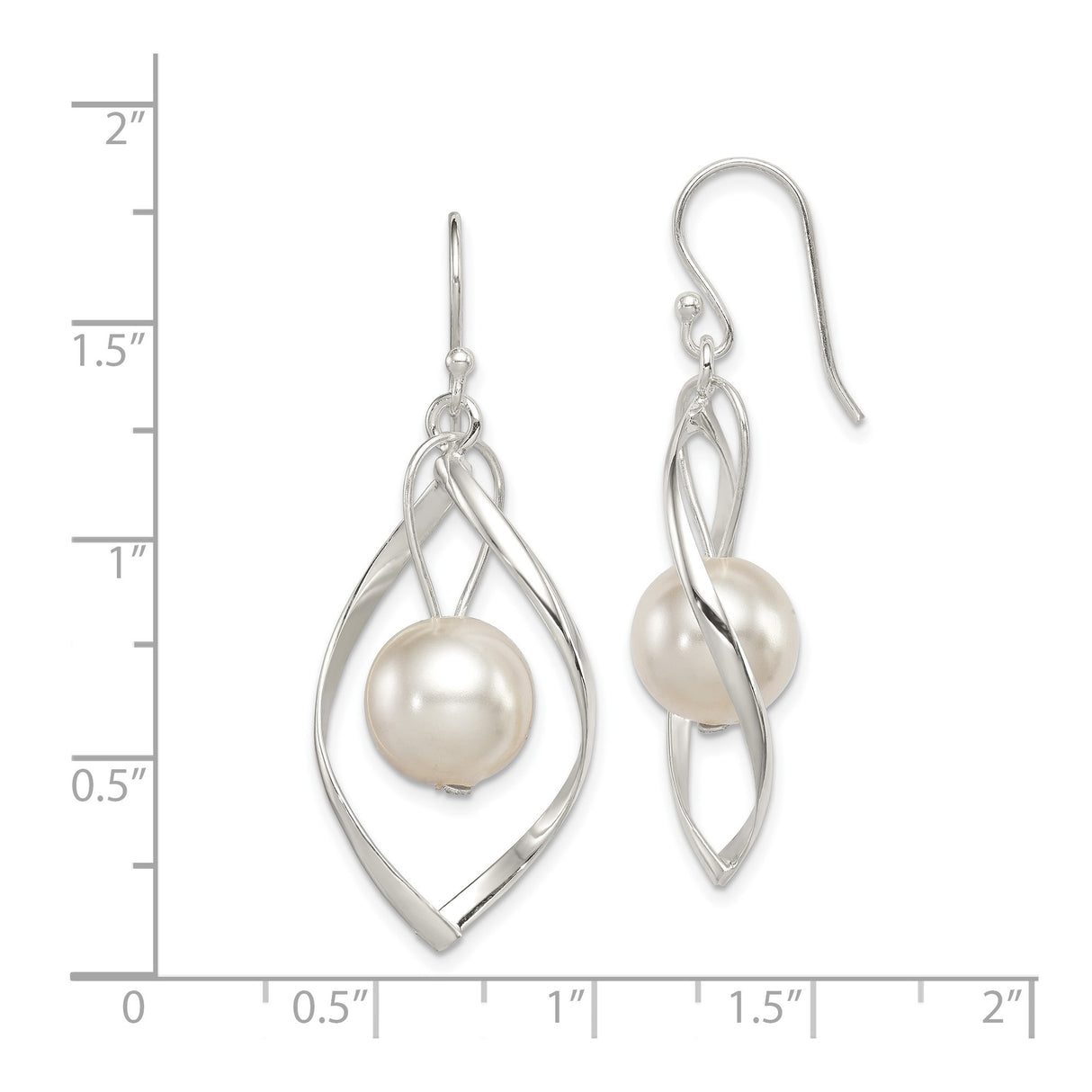 Sterling Silver Dangle Earrings with Simulated Pearls, Twisted Marquise Frame Design