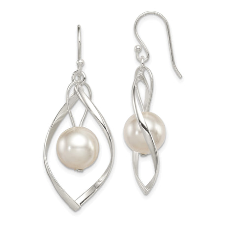 Sterling Silver Dangle Earrings with Simulated Pearls, Twisted Marquise Frame Design