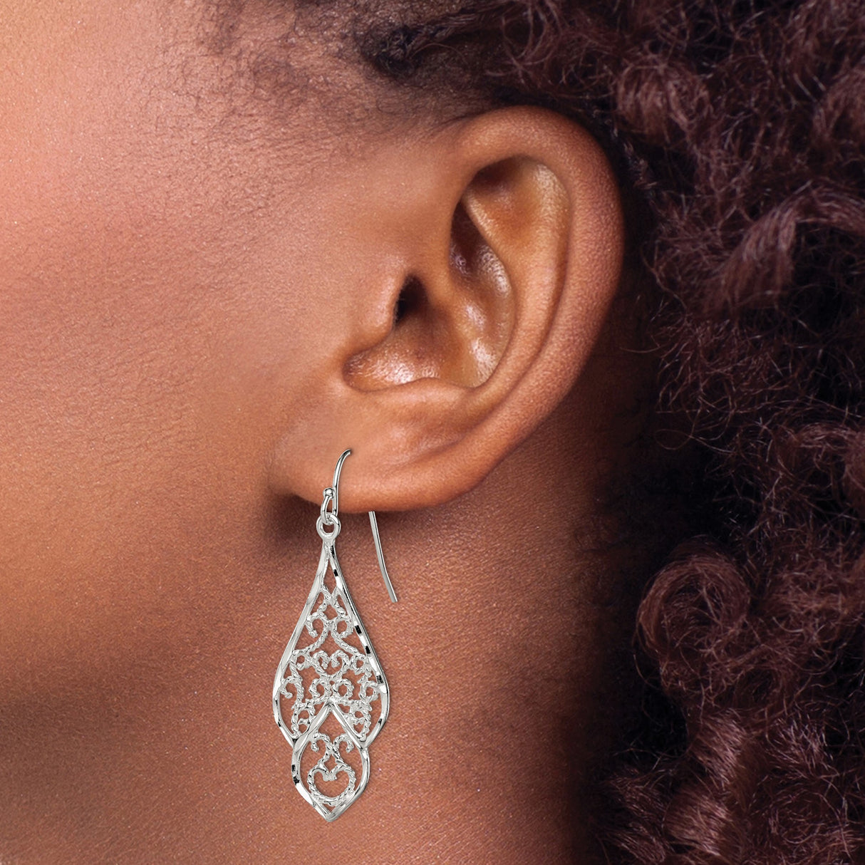 Sterling Silver Dangle Earrings with Teardrop Shape and Filigree Leaf Vine Design