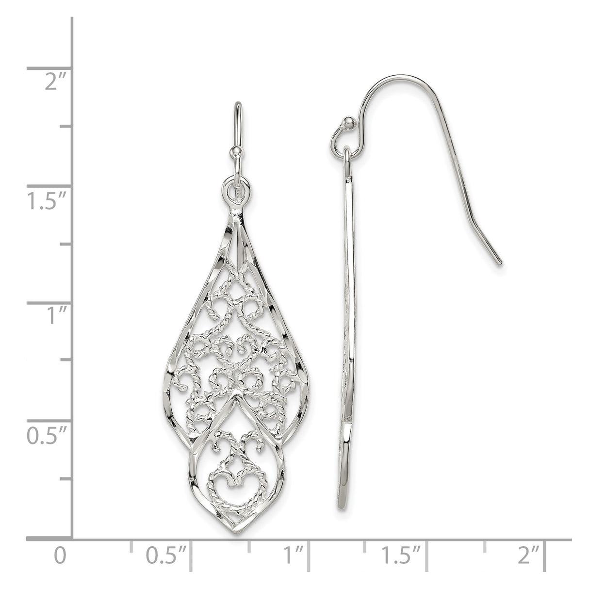Sterling Silver Dangle Earrings with Teardrop Shape and Filigree Leaf Vine Design