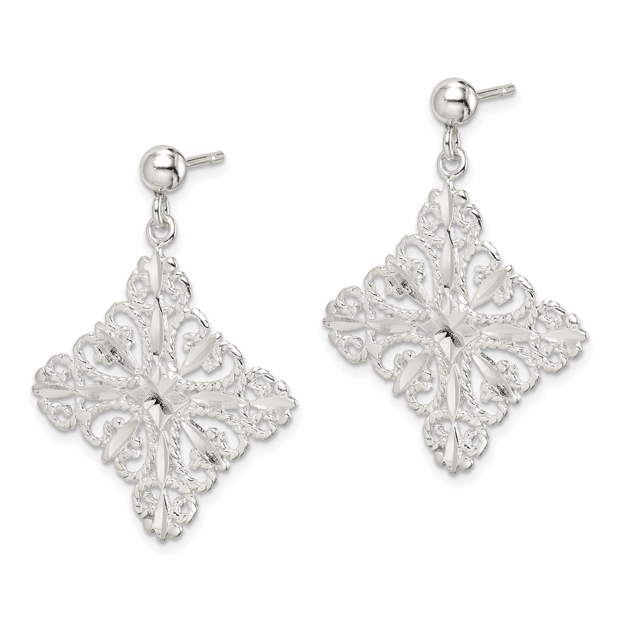 Sterling Silver Cross Dangle Earrings with Filigree Openwork and Floral Motif