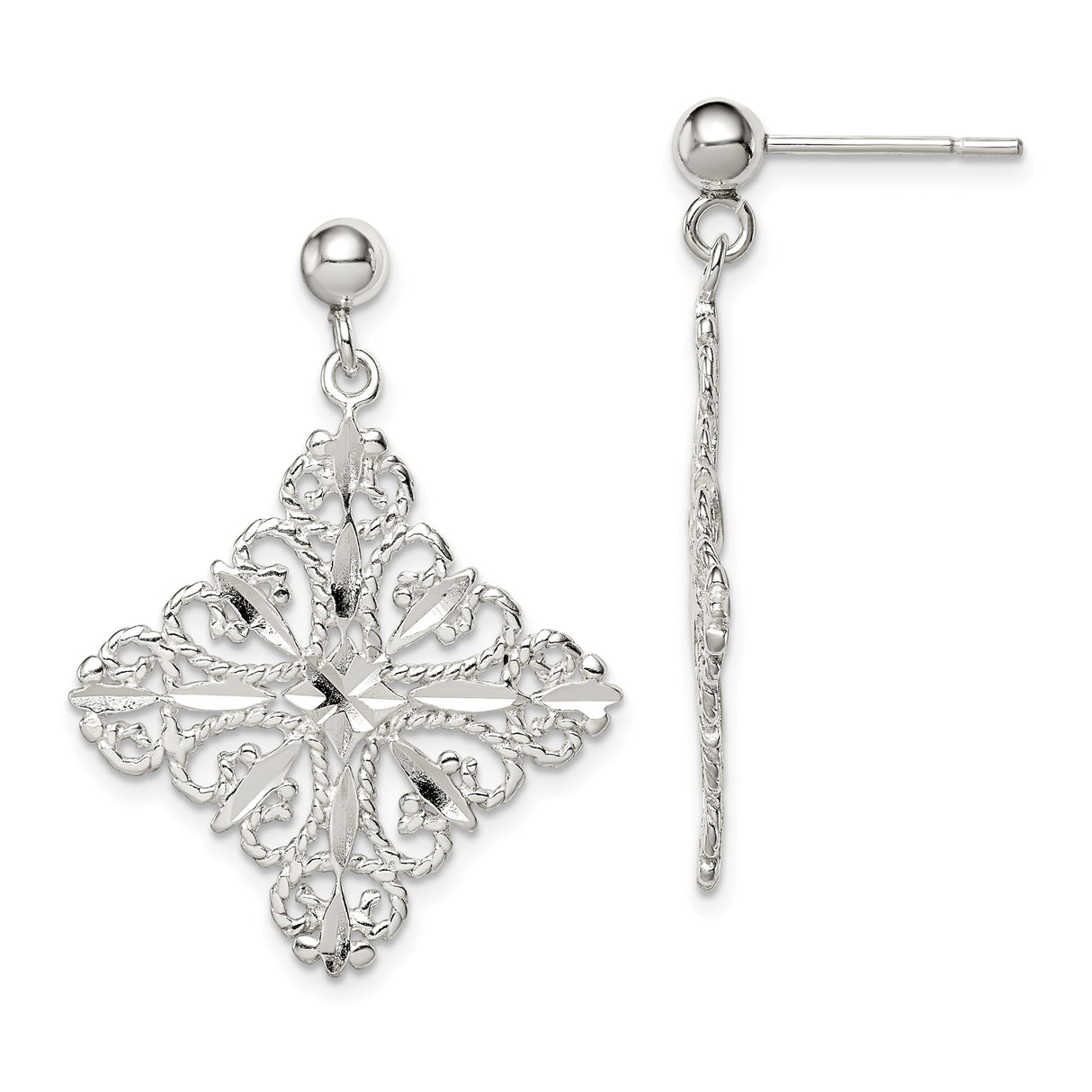 Sterling Silver Cross Dangle Earrings with Filigree Openwork and Floral Motif