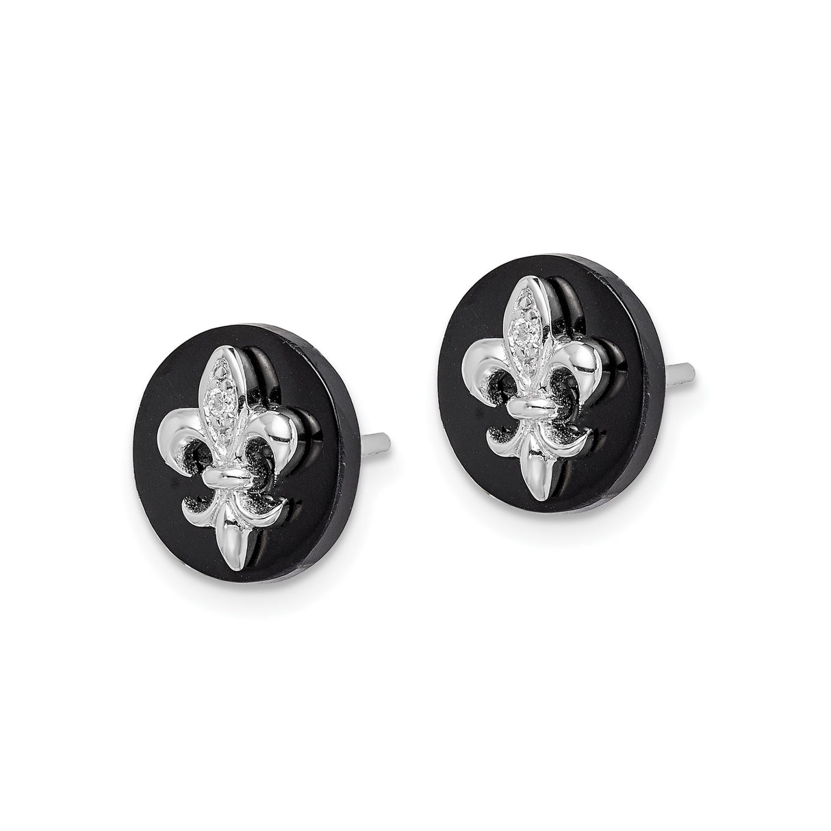 Sterling Silver Fleur-de-Lis Stud Earrings with Cubic Zirconia and Onyx Accents