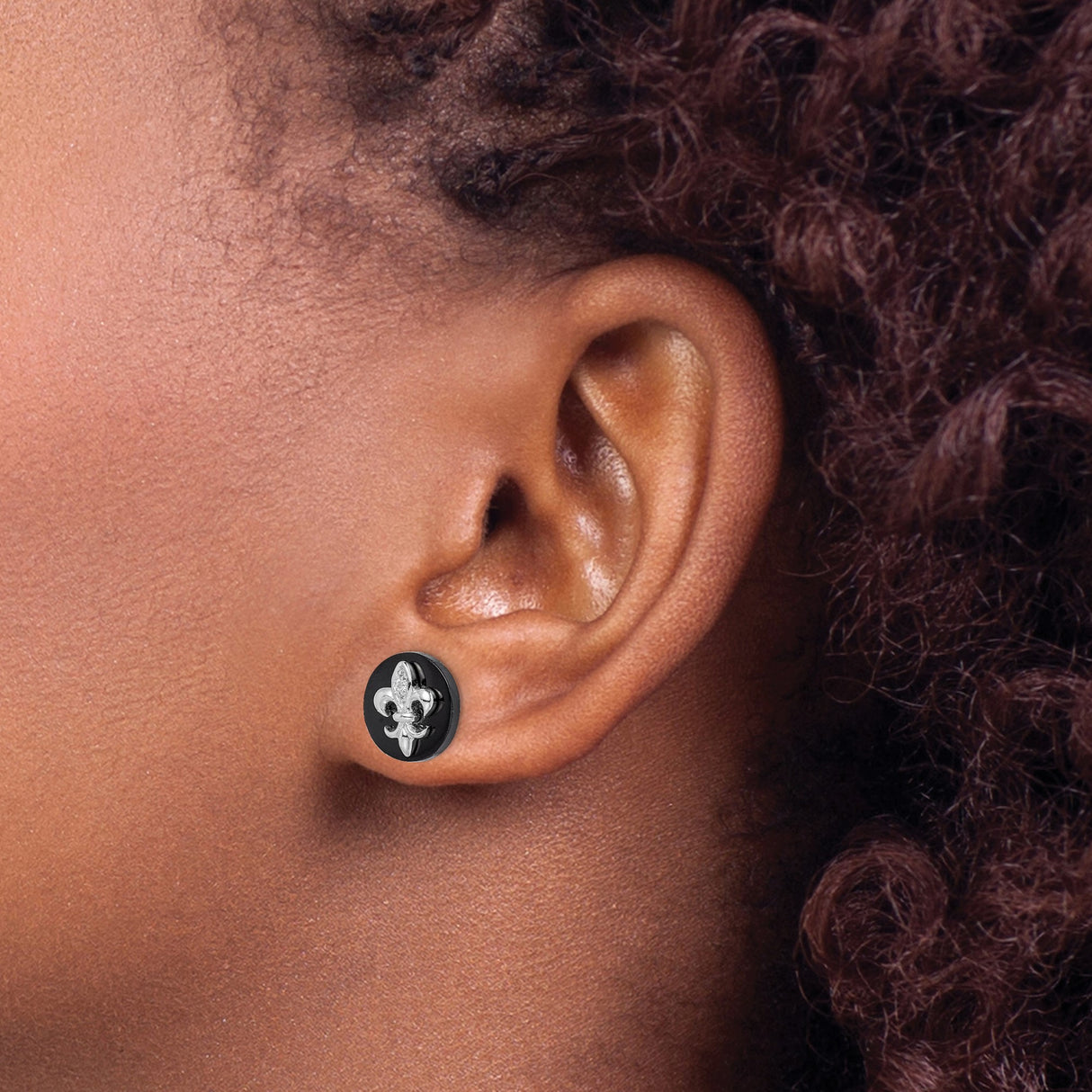 Sterling Silver Fleur-de-Lis Stud Earrings with Cubic Zirconia and Onyx Accents