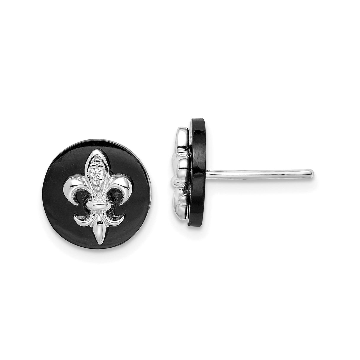 Sterling Silver Fleur-de-Lis Stud Earrings with Cubic Zirconia and Onyx Accents