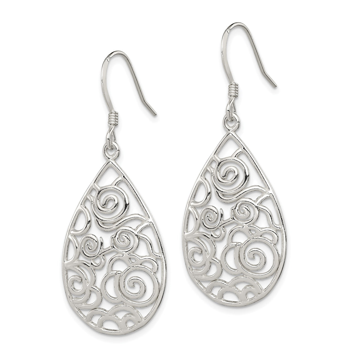Sterling Silver Teardrop Dangle Earrings with Openwork Floral Scroll Filigree Design