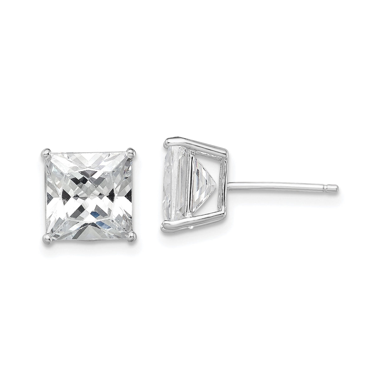 Sterling Silver Stud Earrings with 8mm Princess Cut Cubic Zirconia, Classic Square Design