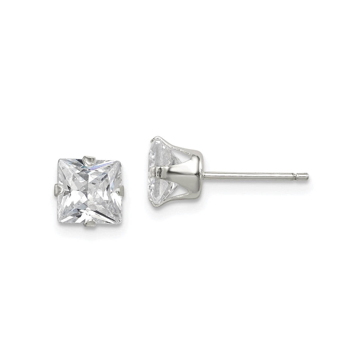 Sterling Silver Princess Cut Stud Earrings with Clear Cubic Zirconia, Minimalist Four Prong Setting