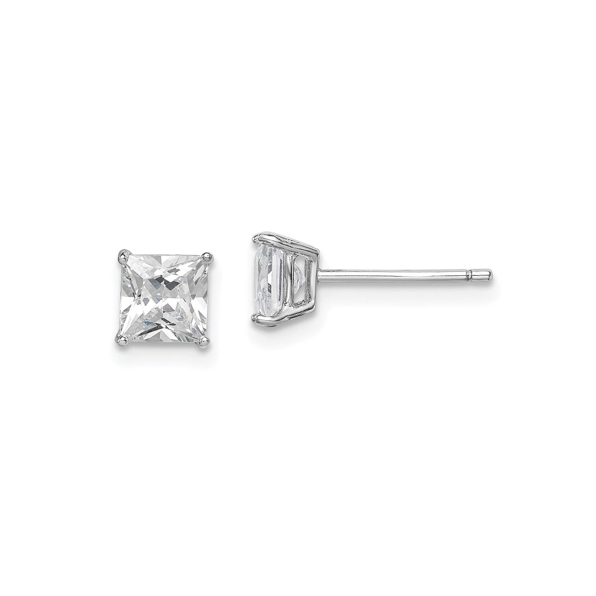 Sterling Silver Stud Earrings with Square Cubic Zirconia, Minimalist Four-Prong Design