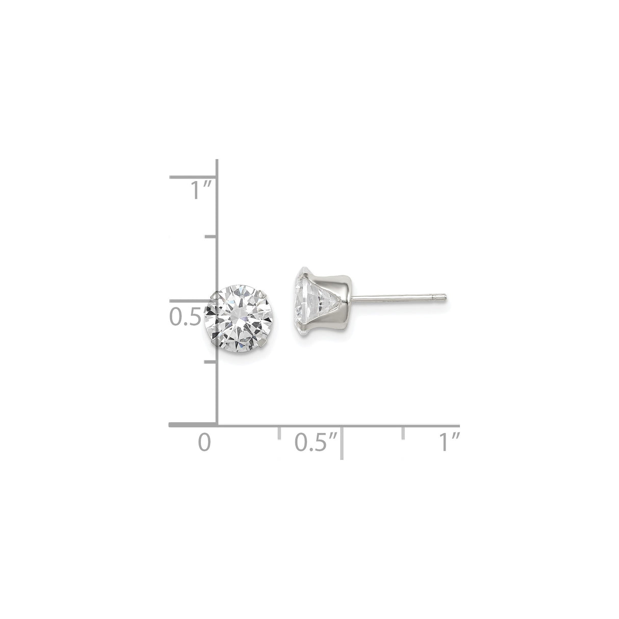 Sterling Silver Stud Earrings with Cubic Zirconia, Round Solitaire Prong Set, 7mm