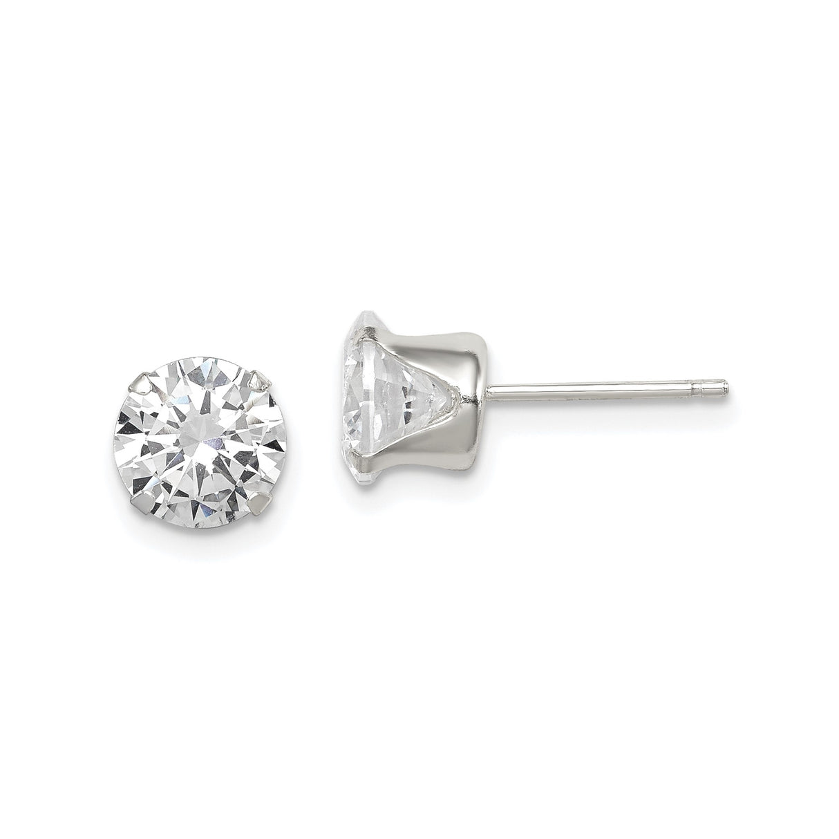 Sterling Silver Stud Earrings with Cubic Zirconia, Round Solitaire Prong Set, 7mm