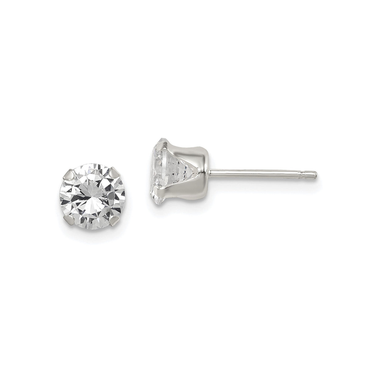 Sterling Silver Stud Earrings with Round-Cut Cubic Zirconia, Classic Four-Prong Solitaire, 6mm