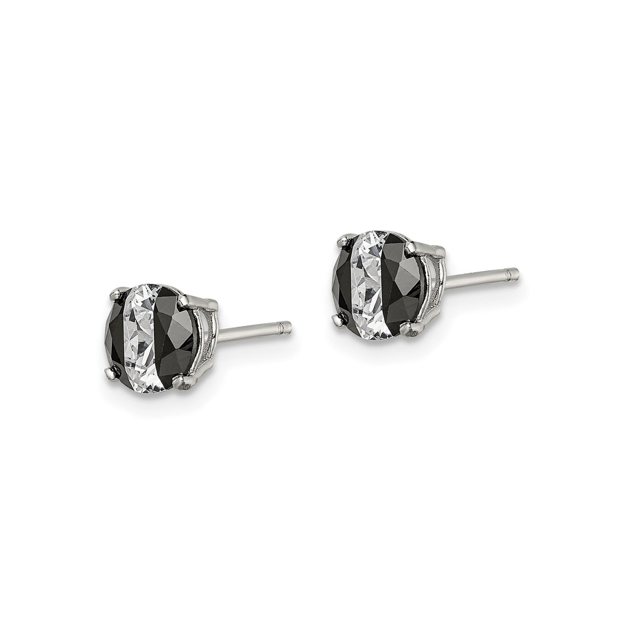 Sterling Silver Stud Earrings with Black and Clear Cubic Zirconia, Two-Tone Round Prong Setting