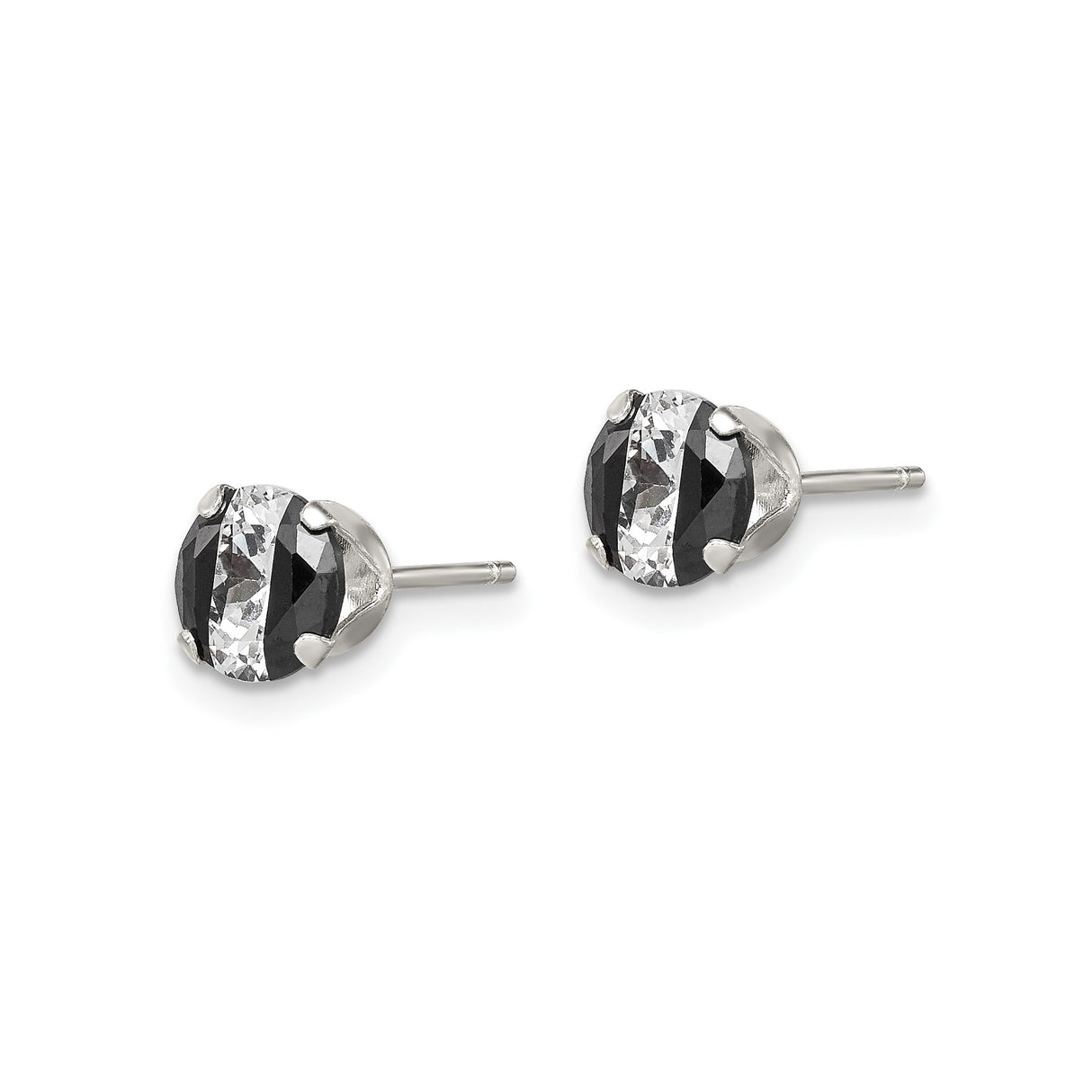 Sterling Silver Stud Earrings with Round Black and White Cubic Zirconia, Modern Minimalist Design