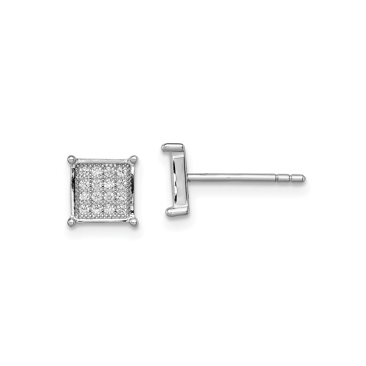 Sterling Silver Square Stud Earrings with Pavé Set Cubic Zirconia, Modern Geometric Design