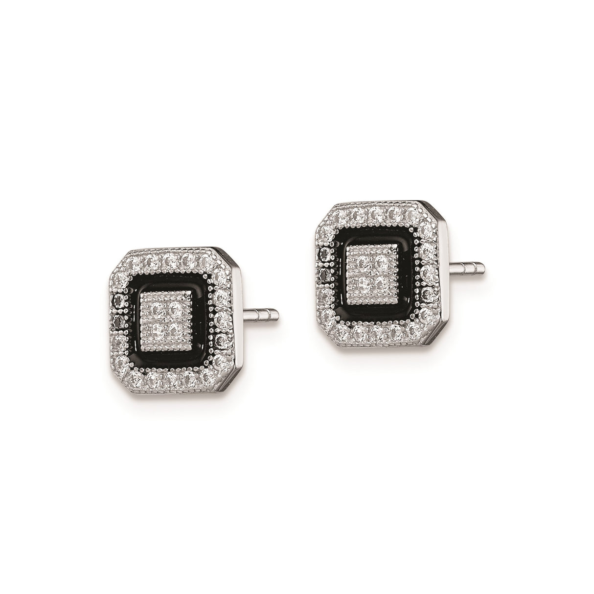 Sterling Silver Square Halo Earrings with Clear and Black Cubic Zirconia Accents