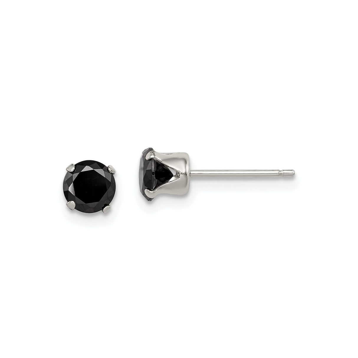 Sterling Silver Stud Earrings with Round Black Cubic Zirconia, Four-Prong Minimalist Design