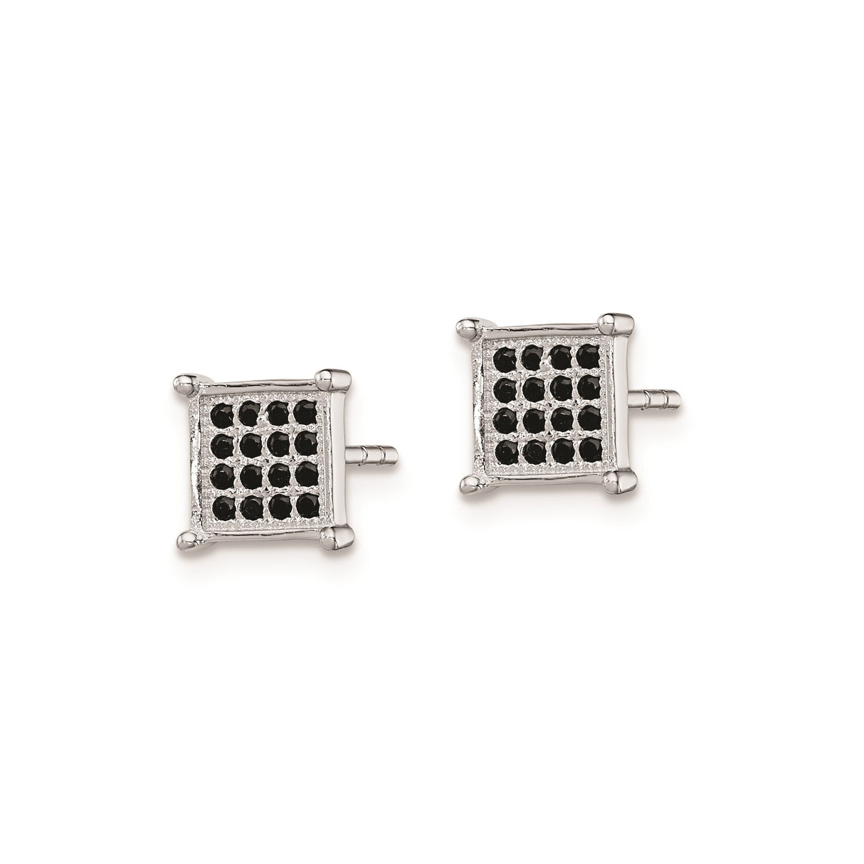 Sterling Silver Square Stud Earrings with Black Cubic Zirconia Grid Pattern, Modern Unisex Design