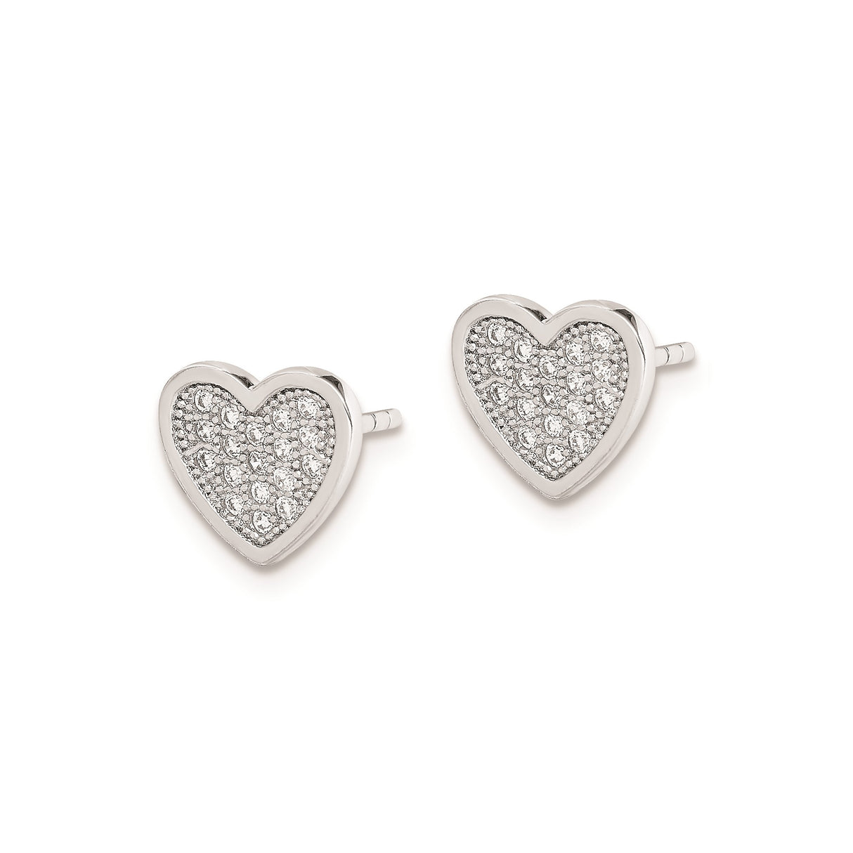 Sterling Silver Heart Stud Earrings with Pavé Setting and Clear Cubic Zirconia