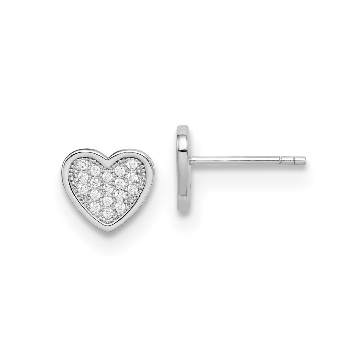 Sterling Silver Heart Stud Earrings with Pavé Setting and Clear Cubic Zirconia