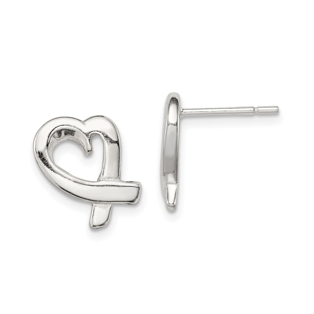 Sterling Silver Heart Shaped Stud Earrings with Openwork Design, Polished Finish, Romantic Style