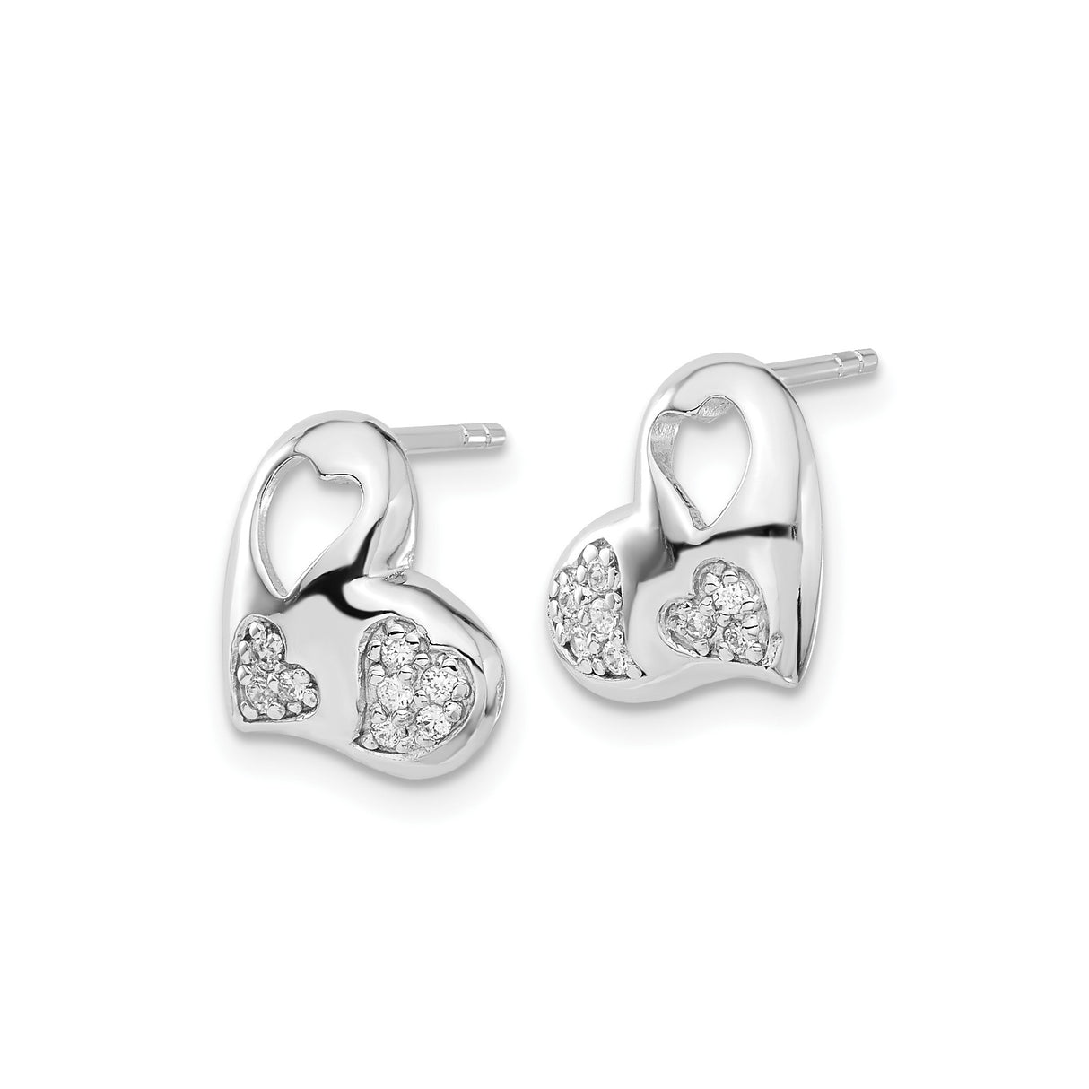 Sterling Silver Heart Stud Earrings with Cubic Zirconia, Open Double Heart Design