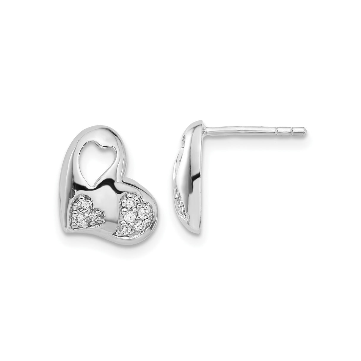 Sterling Silver Heart Stud Earrings with Cubic Zirconia, Open Double Heart Design