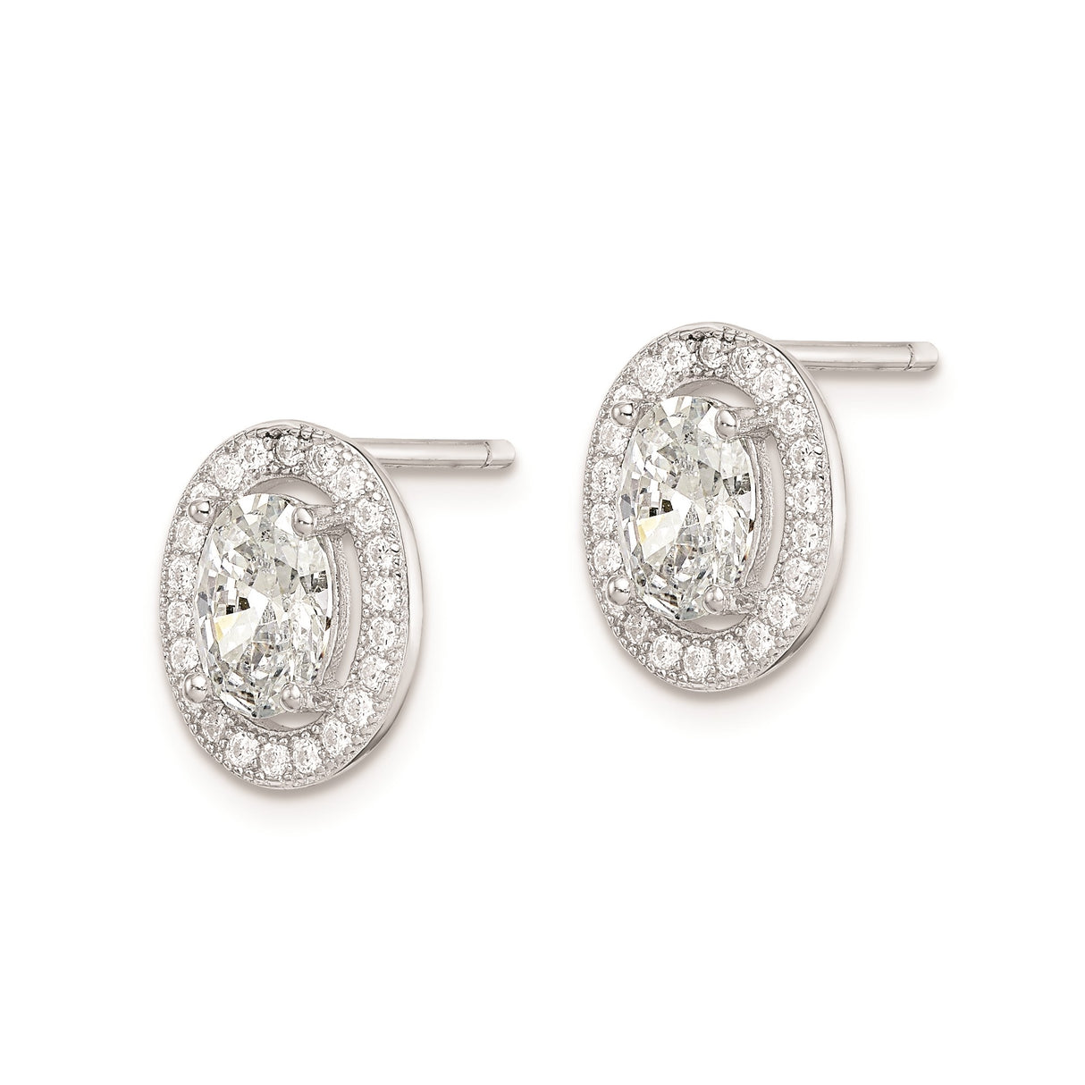 Sterling Silver Oval Stud Earrings with Cubic Zirconia Center and Halo Setting
