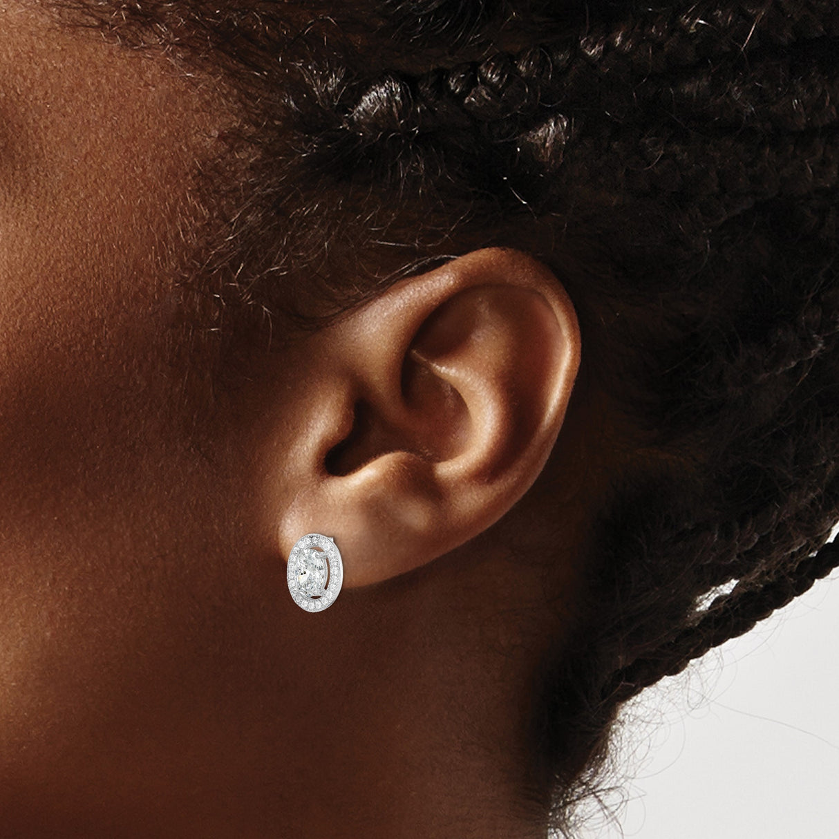 Sterling Silver Oval Stud Earrings with Cubic Zirconia Center and Halo Setting