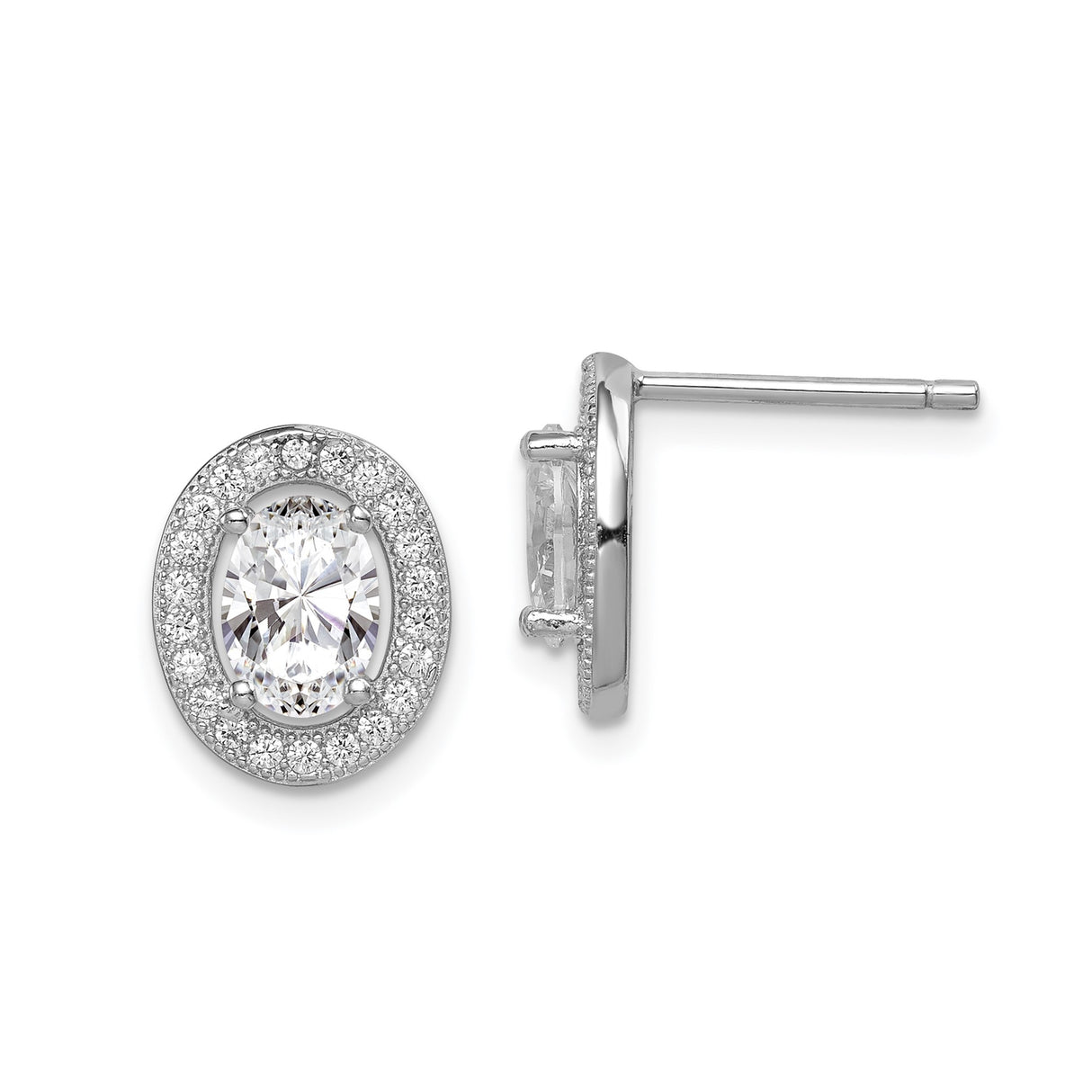 Sterling Silver Oval Stud Earrings with Cubic Zirconia Center and Halo Setting