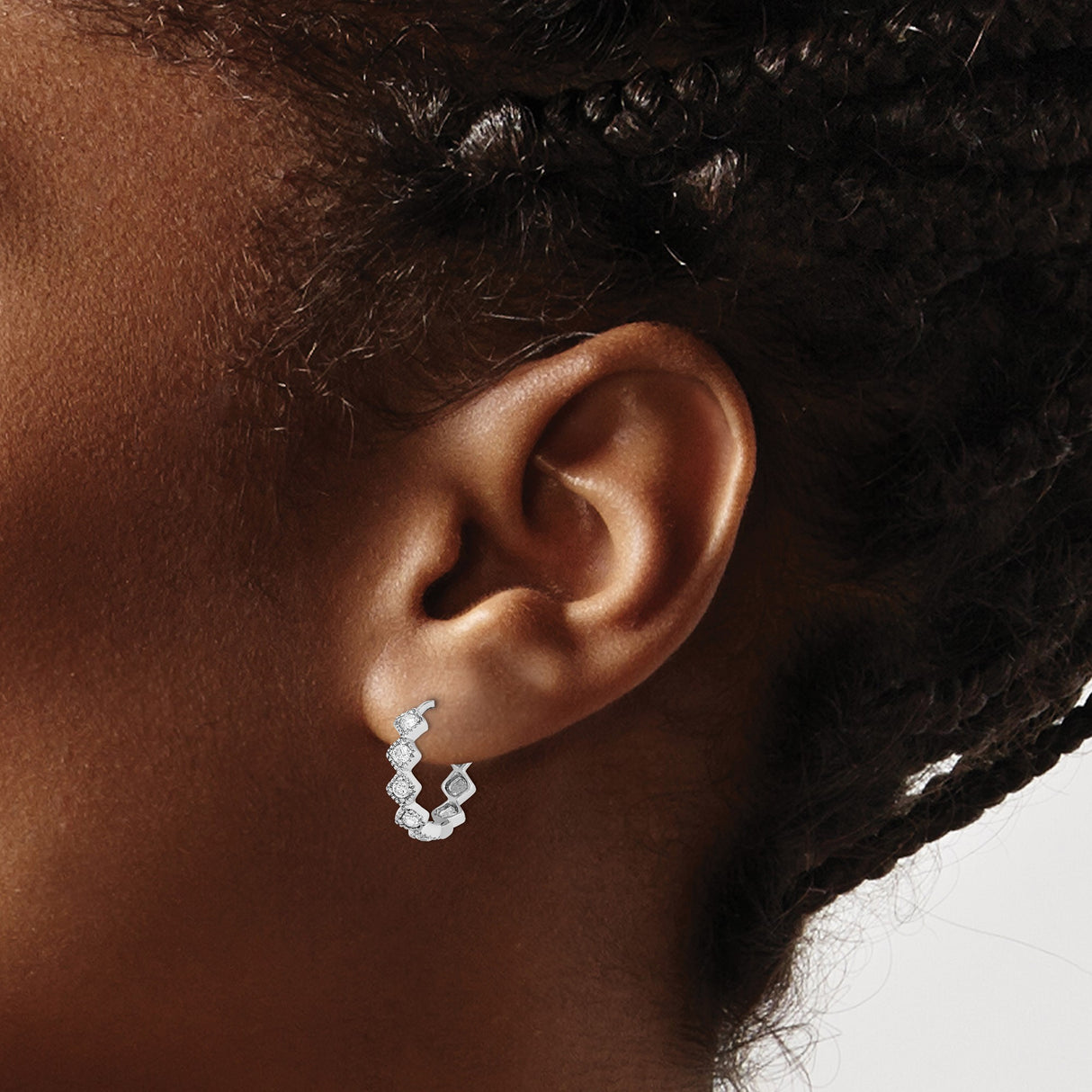 Sterling Silver Hoop Earrings with Cubic Zirconia, Bamboo Edge, Marquise Milgrain Design