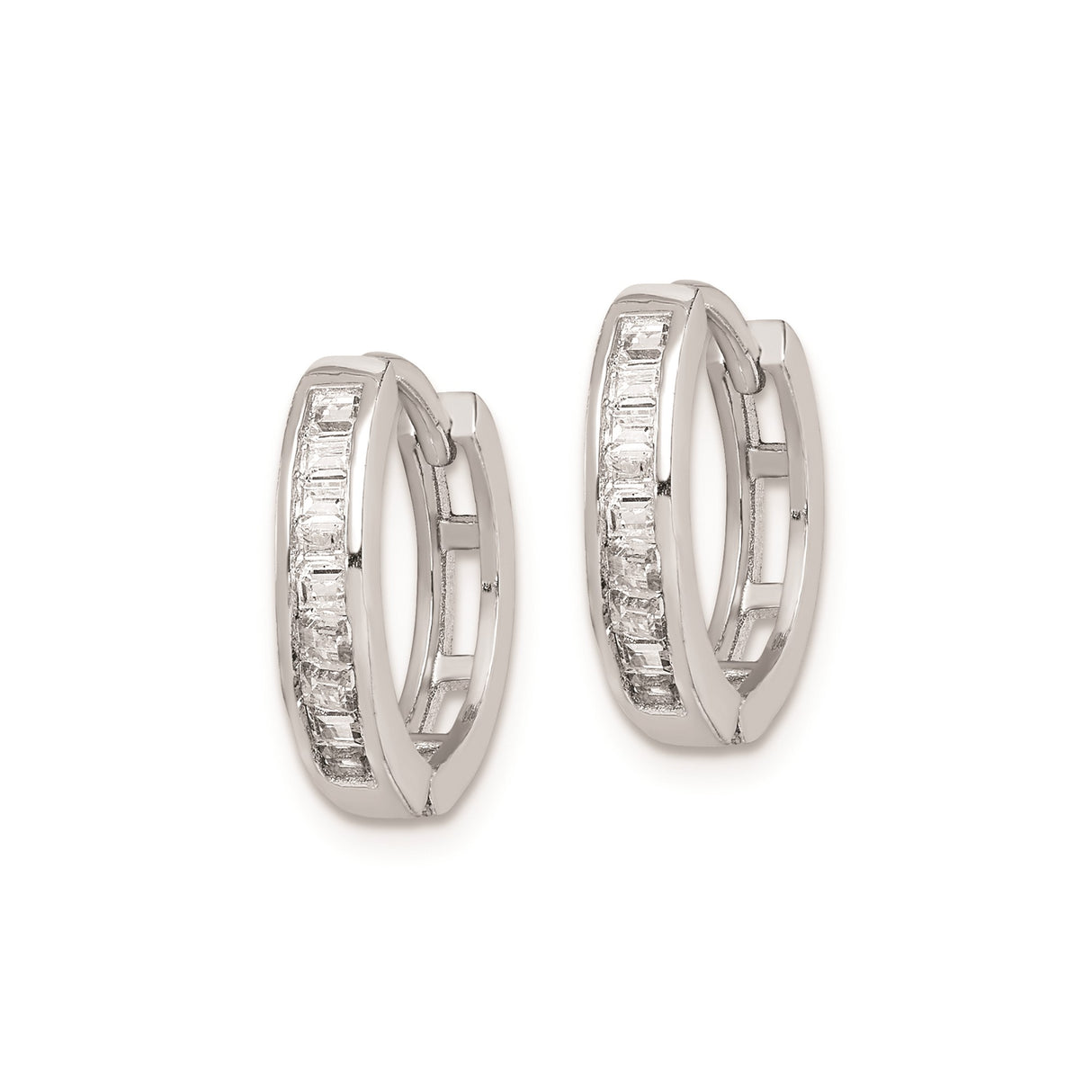 Sterling Silver Hoop Earrings with Baguette Cut Cubic Zirconia, Lightweight Huggie Style