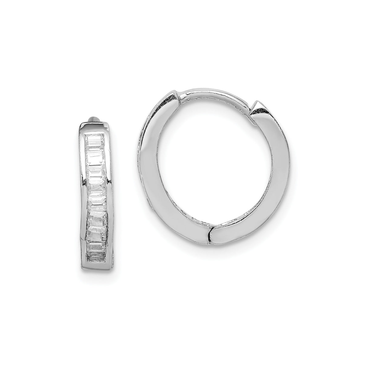 Sterling Silver Hoop Earrings with Baguette Cut Cubic Zirconia, Lightweight Huggie Style