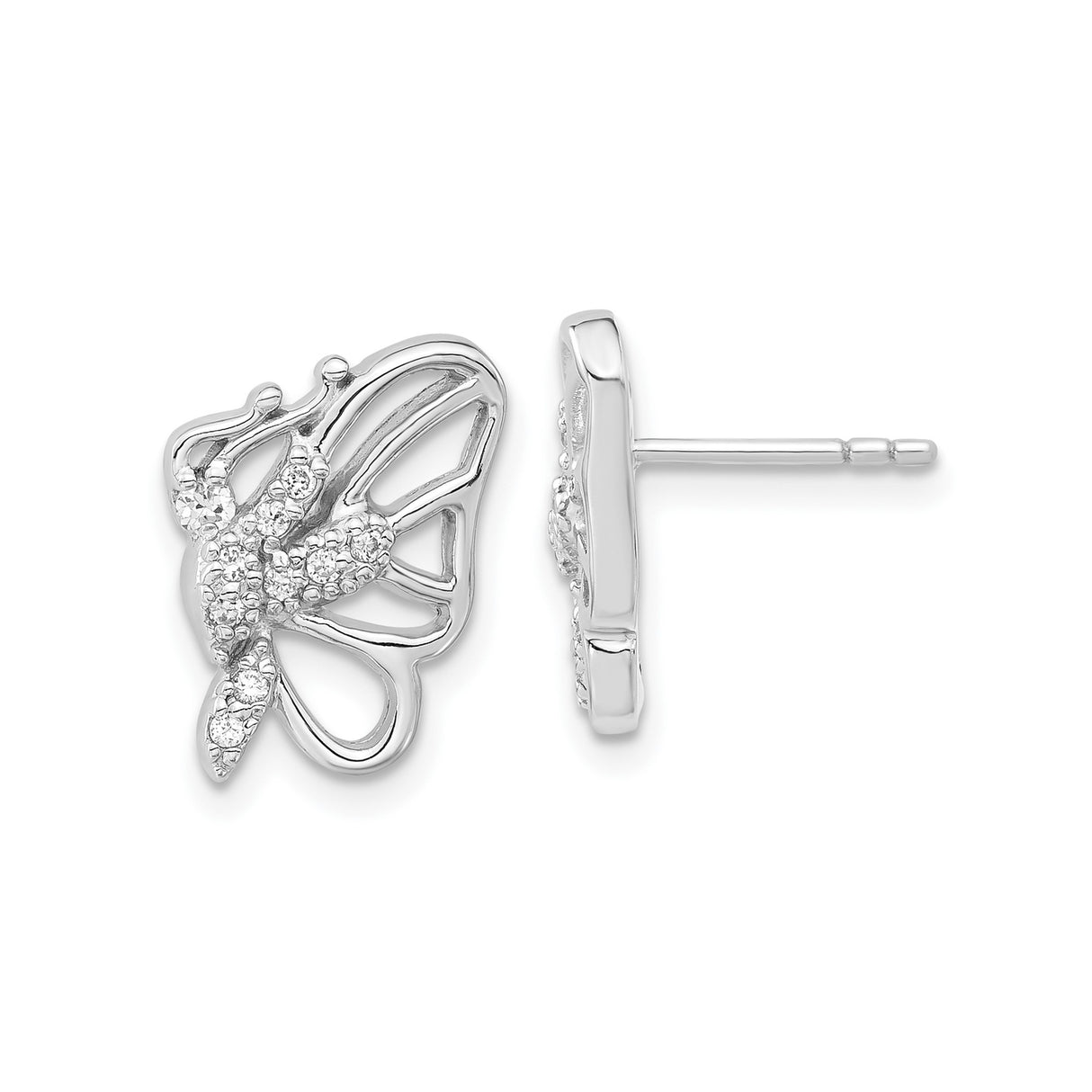 Sterling Silver Butterfly Stud Earrings with Cubic Zirconia and Openwork Design