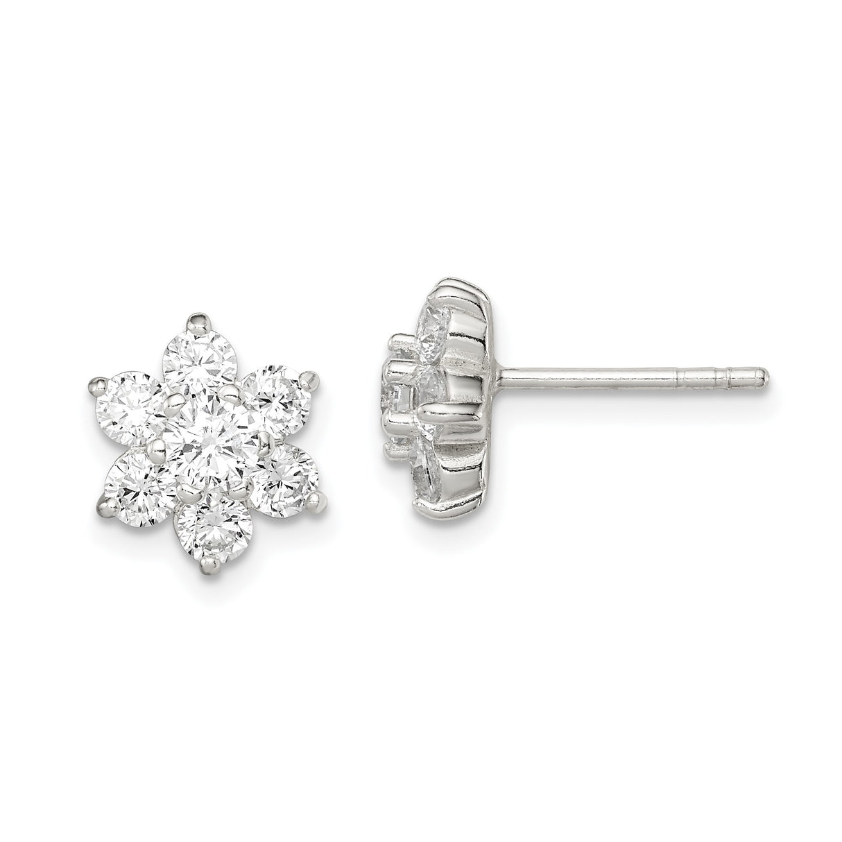 Sterling Silver Flower Stud Earrings with Cubic Zirconia, Six Petal Floral Design