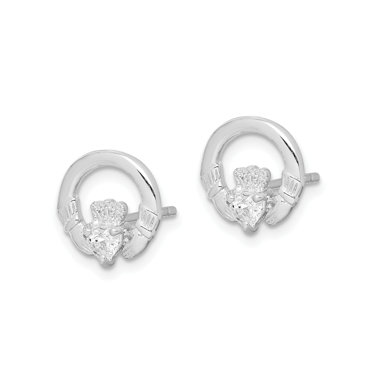 Sterling Silver Claddagh Stud Earrings with Cubic Zirconia, Heart Crown Hands Design