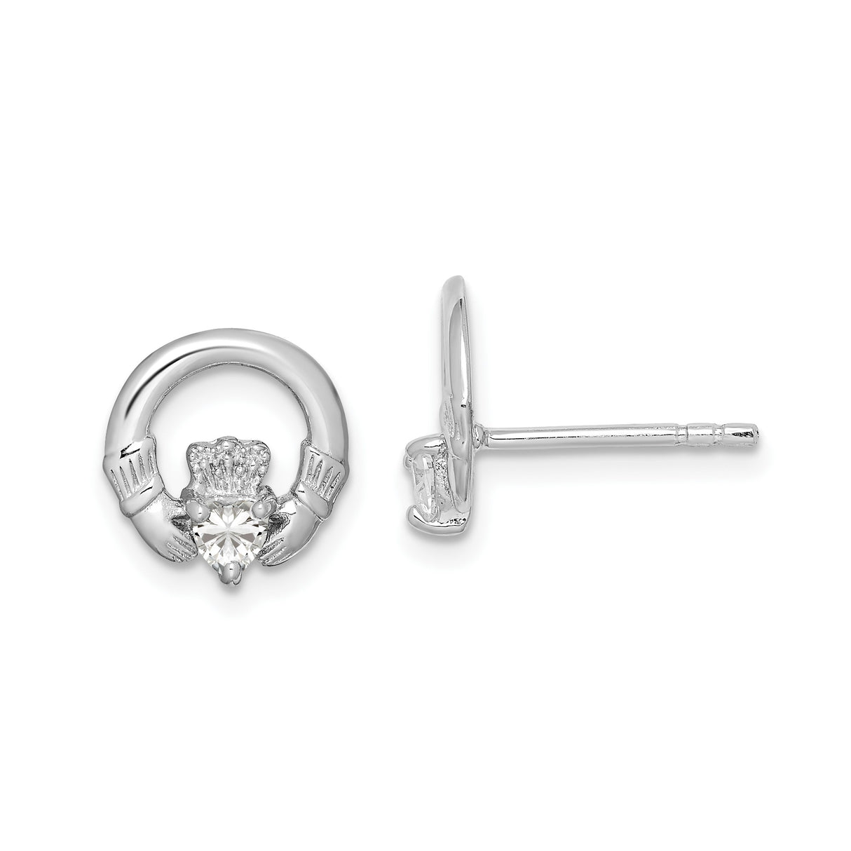 Sterling Silver Claddagh Stud Earrings with Cubic Zirconia, Heart Crown Hands Design