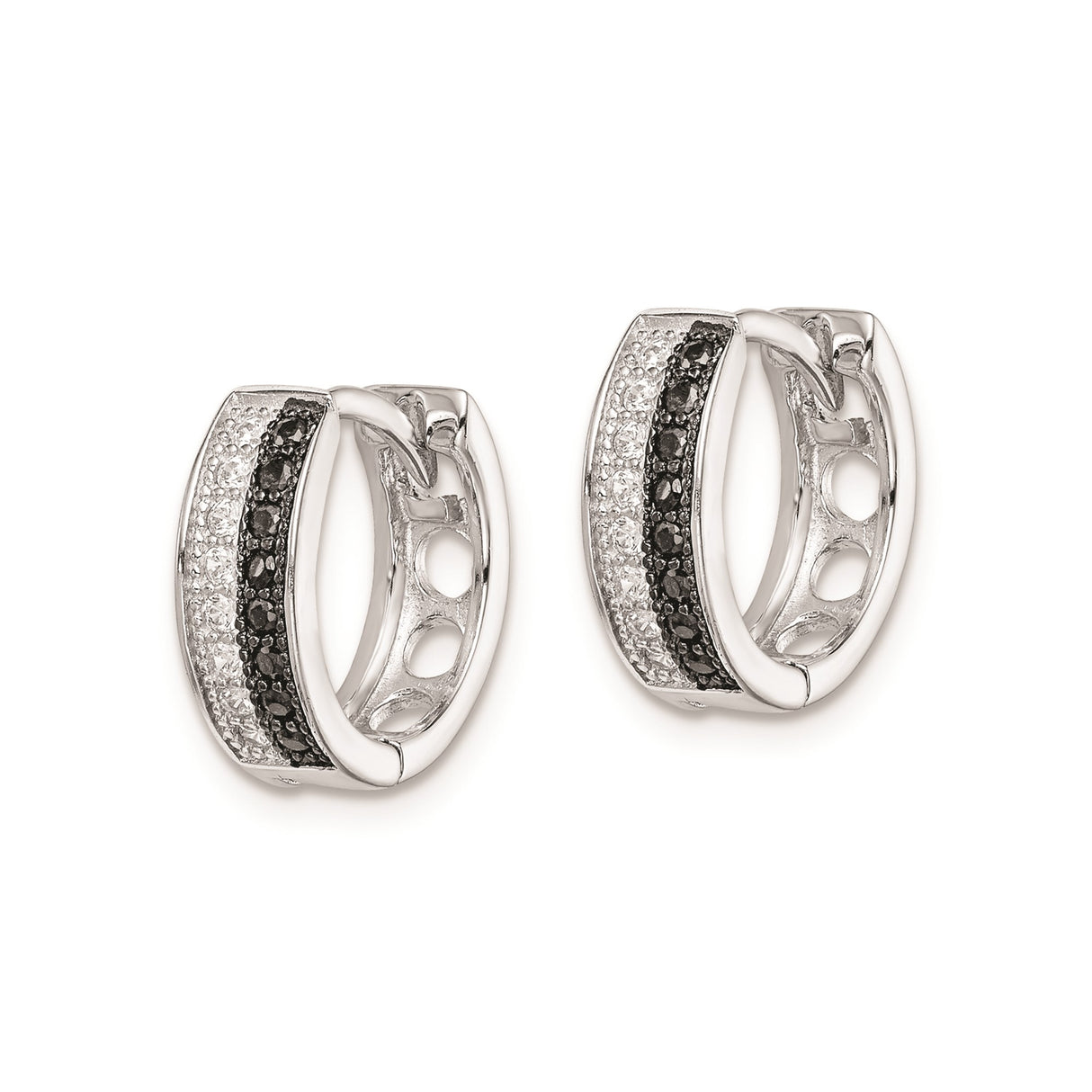 Sterling Silver Hoop Earrings with Black and White Cubic Zirconia, Huggie Style